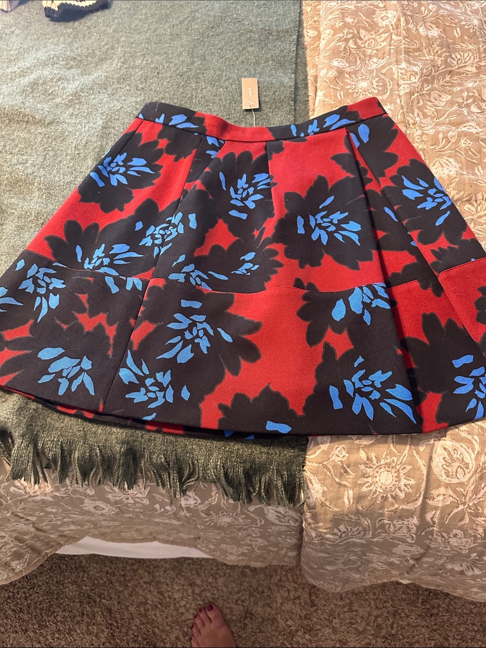 J. Crew Red Floral Skater Skirt with Black & Blue Bloom Print
